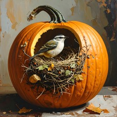 A small bird finds a cozy home in a nest inside a carved pumpkin.