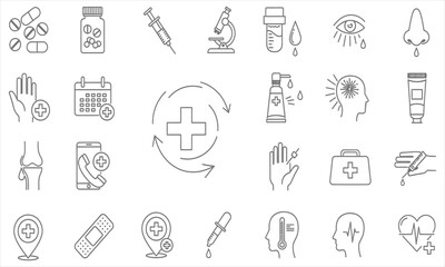 Collection of medical and health care icons representing various aspects of wellness and treatment