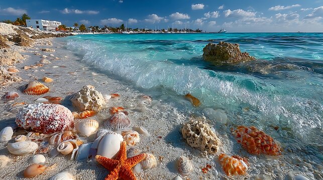 Turquoise ocean wave approaches starfish and seashells resting on a sandy shore in the Caribbean