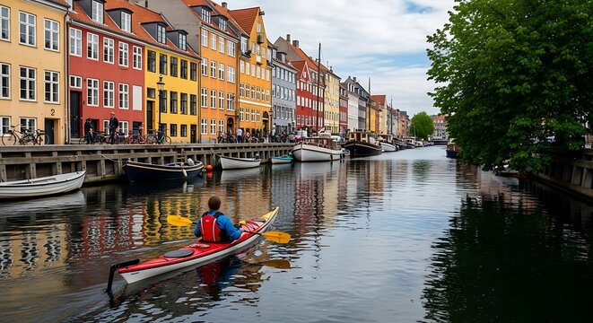 Colorful buildings line canal with kayaker in Copenhagen Denmark.