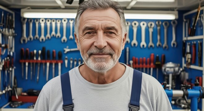 Mature caucasian male mechanic in workshop with tools on blue wall