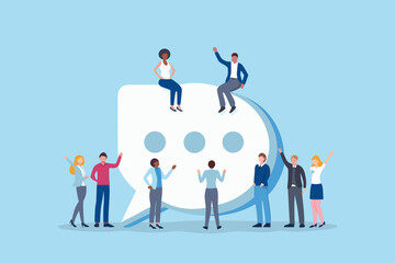 Diverse group of people interacting around a large speech bubble symbolizing communication and connection