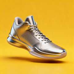 Silver basketball shoe on yellow background