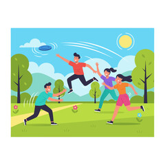 Four Friends Joyfully Playing Frisbee in a Lush Green Park Under a Bright Sunny Sky on a Clear Day with Trees and Flowers in the Background