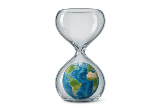 Earth planet trapped inside hourglass, showing concept of climate change, global warming, environment time running out