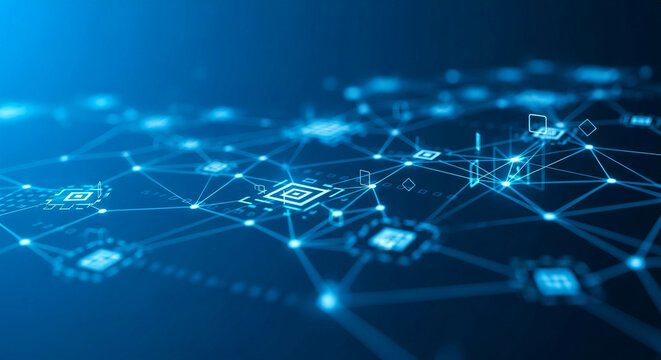 Network of Blue: A mesmerizing network of interconnected glowing nodes, symbolizing the intricate web of digital connectivity, bathed in an ethereal blue hue, represents the power of technology. - Powered by Adobe