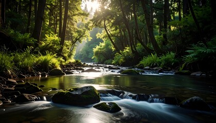Obraz premium Sunlit stream flows through a dense forest, mossy rocks lining the banks, creating a serene and natural scene