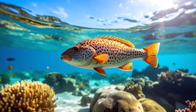 Speckled orange fish swims in crystal clear ocean water above coral reefs under a sunny, partly cloudy sky - Powered by Adobe