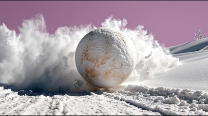 Large snowball rolling down a snowy slope, creating a dramatic spray of snow and ice, with a smooth camera pan following the action, capturing the dynamic movement and winter atmosphere - Powered by Adobe