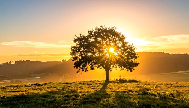 Sunburst through a tree at sunset/sunrise, casting a silhouette on a grassy knoll in the golden hour light - Powered by Adobe