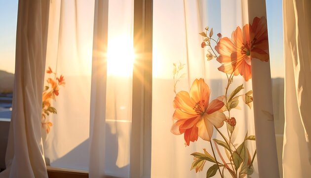 Sunlit translucent curtains adorned with vibrant floral designs, partially revealing an idyllic seascape beyond