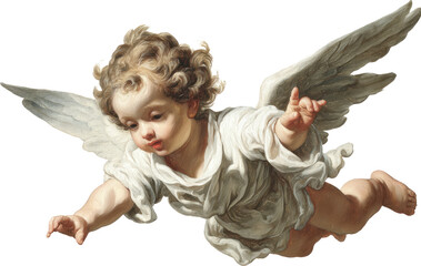 Cherub angel with curly hair and white robe flying, joyful expression, classical art style