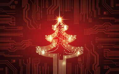 A glowing christmas tree made of circuit board patterns, set against a red background, symbolizing technology, innovation, and the festive spirit of the season christmas