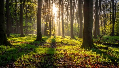 Obraz premium Sun-dappled forest with tall trees, green ground cover, and golden light shining through leaves, creating a serene atmosphere
