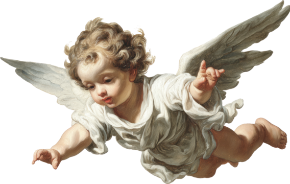 Cherub angel with curly hair and white robe flying, joyful expression, classical art style