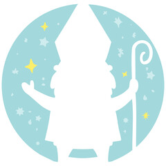 Illustration of Sinterklaas Silhouette with Staff in Light Blue Circle