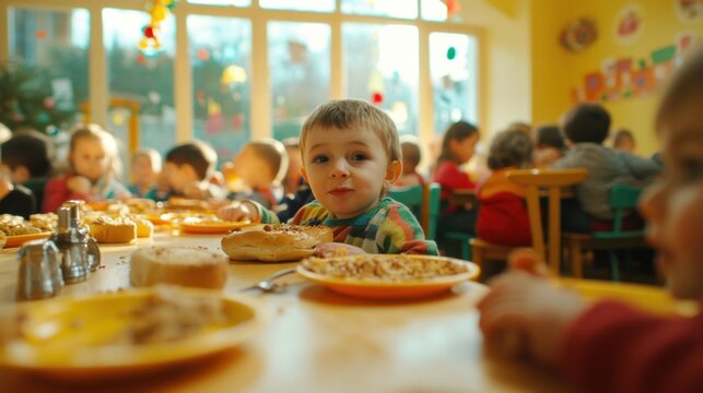Preschool Lunchtime Happy kids eating together.