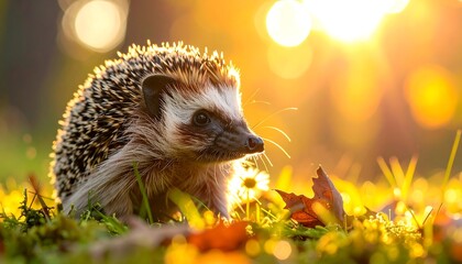 Spiky hedgehog in golden hour light on grass, with bokeh background