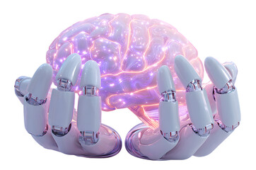 Robot hands holding a glowing brain isolated on transparent background robotic hands holding a human brain isolated on transparent 