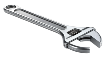 Metal wrench tool, isolated on transparent background, realistic metallic texture.