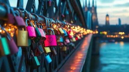 Obraz premium Love Locks on a City Bridge at Dusk.
