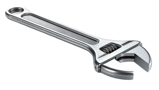 Metal wrench tool, isolated on transparent background, realistic metallic texture.