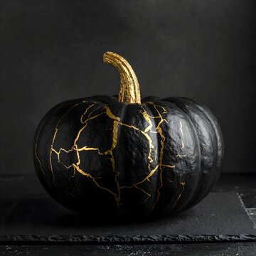 A stylish black pumpkin decorated with golden cracks in the Kintsugi style on a dark background.