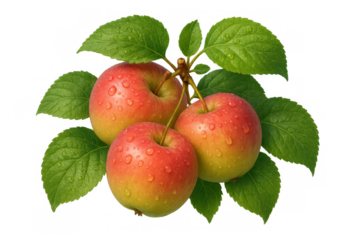 Three fresh ripe red and yellow apples hanging from a branch with green leaves and water drops, transparent background
