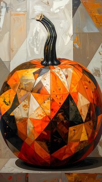 A unique decorative pumpkin featuring a vibrant geometric mosaic pattern.