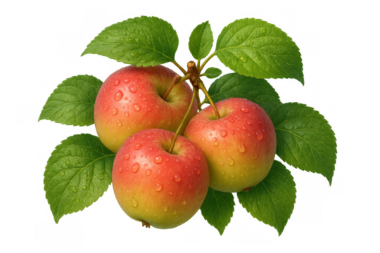 Three fresh ripe red and yellow apples hanging from a branch with green leaves and water drops, transparent background