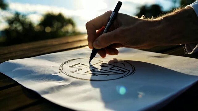 Artist drawing a circular logo design on paper outdoors at sunset.