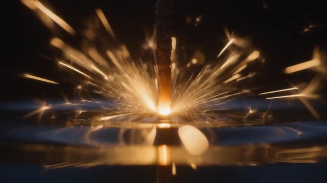 The process of cutting metal materials with high precision using laser technology. Intense sparks and bright lights create dynamic and dramatic visuals, ideal for depicting ts
