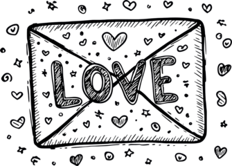 Love letter envelope sketch with heart doodles, romantic hand drawn illustration, joyful mood