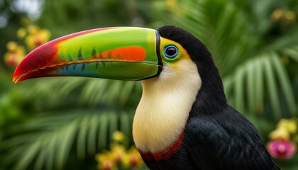 Fototapeta premium Vibrant toucan with striking colorful beak poses majestically amidst lush tropical foliage