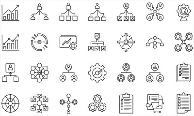 Comprehensive collection of business organization and management vector line icons, illustrating team structure, workflow, data analysis, and process optimization concepts