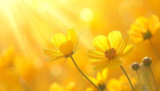 Sunlit yellow flowers bloom in a warm, golden field, radiating light and gentle beauty - Powered by Adobe