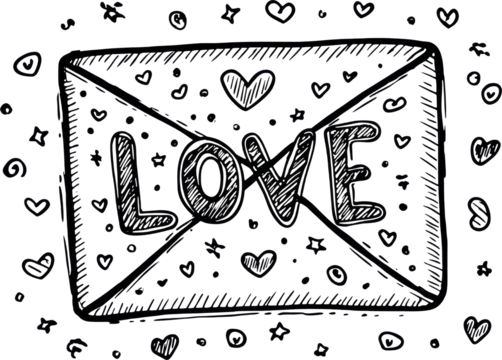 Love letter envelope sketch with heart doodles, romantic hand drawn illustration, joyful mood