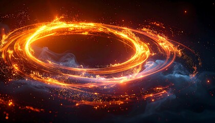 Spiraling ring of fiery orange particles swirling against a dark background with wisps of grey and blue smoke