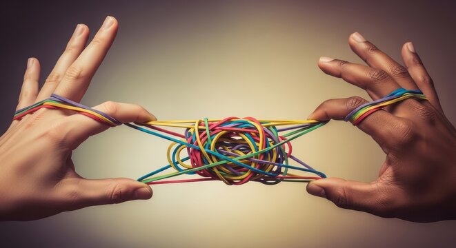 Close-up of two hands holding and tangled in colorful rubber bands against a dark background with a spotlight.