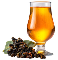 Glass of amber tea with dried tea leaves isolated on transparent background herbal tea with fdried tea leaves isolated on transparent