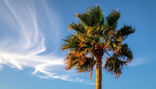 Solitary palm tree against blue sky with wispy cirrus clouds at sunset. Warm sunlight highlights its fronds