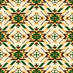 A traditional textile pattern in beige, brown, green, featuring geometric diamond and floral motifs arranged in symmetrical horizontal rows with intricate details. Geometric seamless vector pattern.