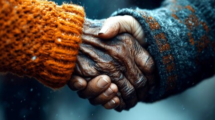 A close-up shot captures the texture of two hands shaking, one clad in a vibrant orange knitted sleeve and the other in a dark, patterned fabric, as delicate sn