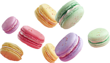 Obraz premium Colorful macaron dessert with sprinkles, sweet pastel cookies floating on transparency background