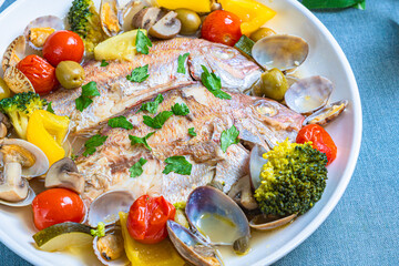 鯛のアクアパッツァ Sea bream acqua pazza with colorful vegetables