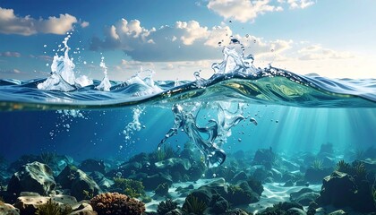 Split level scene serene ocean view above, vibrant rocks below, and splashy wave mid-frame