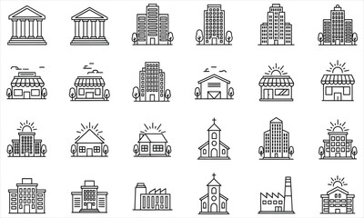 Collection of various building icons, representing diverse architectural styles and functions, perfect for design projects
