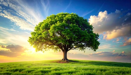 Solitary tree on grassy hill basks in warm sunlight under a blue, cloudy sky at sunset/sunrise