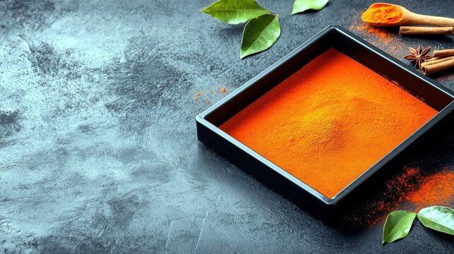 A close-up shot of bright orange turmeric powder in a black square dish, surrounded by cinnamon sticks, star anise, and green leaves.