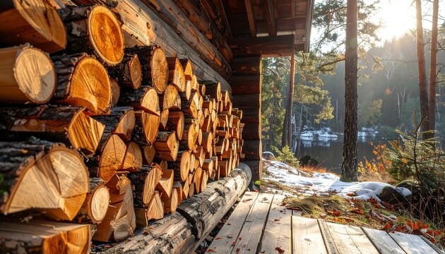Stacked firewood against a cabin wall, overlooking a snowy forest landscape, bathed in golden sunlight - Powered by Adobe